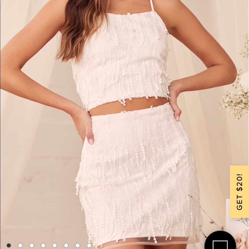 Dancing in a Dream White Fringe Lace-Up Two-Piece Mini Dress from Lulus